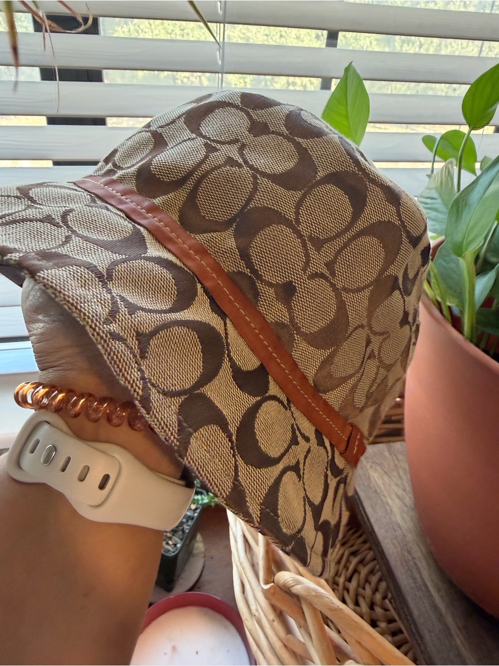 Coach Signature C Jacquard Bucket Hat Brown Tan Leather Trim M/L
